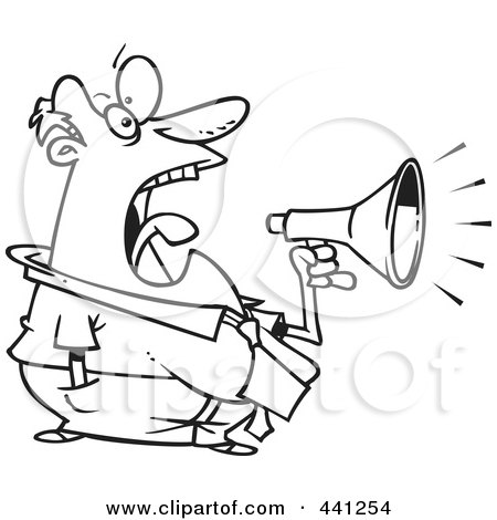 Royalty-Free (RF) Clip Art Illustration of a Cartoon Black And White Outline Design Of A Businessman Screaming Through A Bullhorn by toonaday