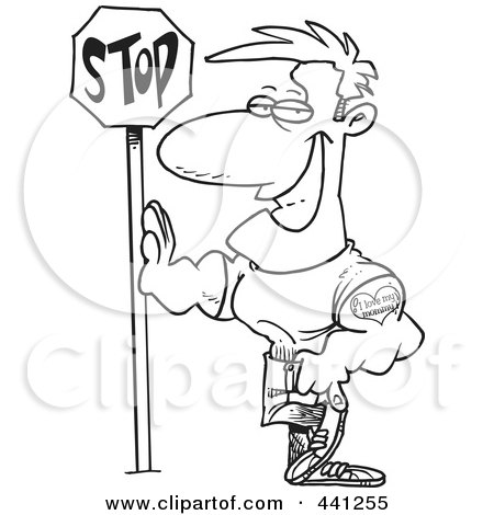 Royalty-Free (RF) Clip Art Illustration of a Cartoon Black And White Outline Design Of A Buff Man Leaning Against A Stop Sign by toonaday