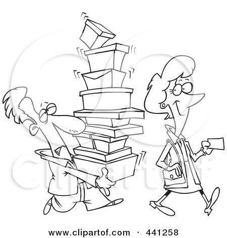 Royalty-Free (RF) Clip Art Illustration of a Cartoon Black And White Outline Design Of A Female Shopper With A Man Carrying Her Boxes by toonaday