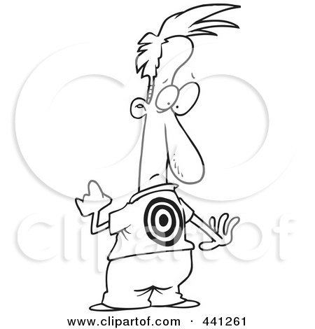 Royalty-Free (RF) Clip Art Illustration of a Cartoon Black And White Outline Design Of A Bullied Man With A Target On His Back by toonaday