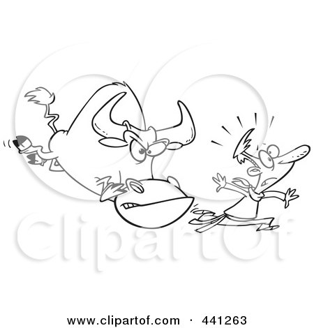 Royalty-Free (RF) Clip Art Illustration of a Cartoon Black And White Outline Design Of A Man Running From A Bull by toonaday