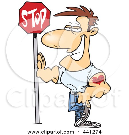 Royalty-Free (RF) Clip Art Illustration of a Cartoon Buff Man Leaning Against A Stop Sign by toonaday