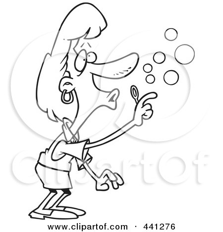Royalty-Free (RF) Clip Art Illustration of a Cartoon Black And White Outline Design Of A Woman Using A Bubble Maker by toonaday
