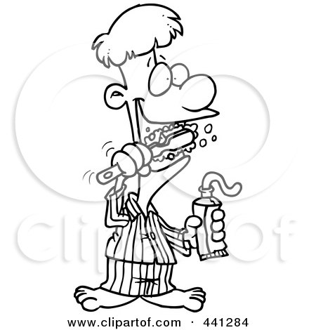 Royalty-Free (RF) Clip Art Illustration of a Cartoon Black And White Outline Design Of A Man Brushing His Teeth by toonaday