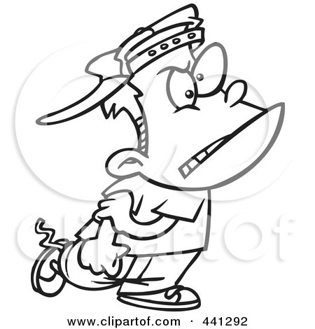 Royalty-Free (RF) Clip Art Illustration of a Cartoon Black And White Outline Design Of A Mean Bully Boy Walking by toonaday