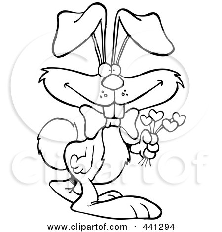 Royalty-Free (RF) Clip Art Illustration of a Cartoon Black And White Outline Design Of A Romantic Rabbit Holding Flowers by toonaday