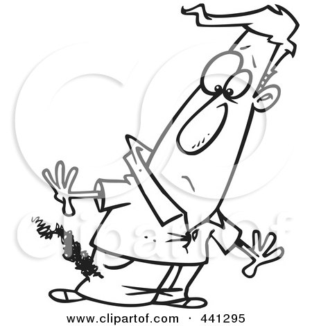 Royalty-Free (RF) Clip Art Illustration of a Cartoon Black And White Outline Design Of A Man With Burning Pants by toonaday