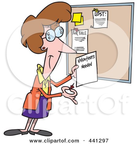 Royalty-Free (RF) Clip Art Illustration of a Cartoon Woman Posting A Volunteers Needed Sign On A Bulletin Board by toonaday
