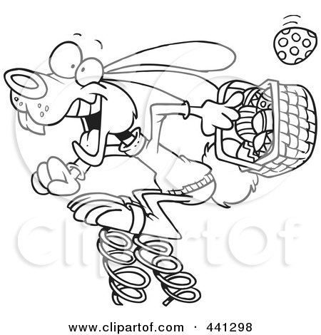 Royalty-Free (RF) Clip Art Illustration of a Cartoon Black And White Outline Design Of A Springy Easter Bunny by toonaday