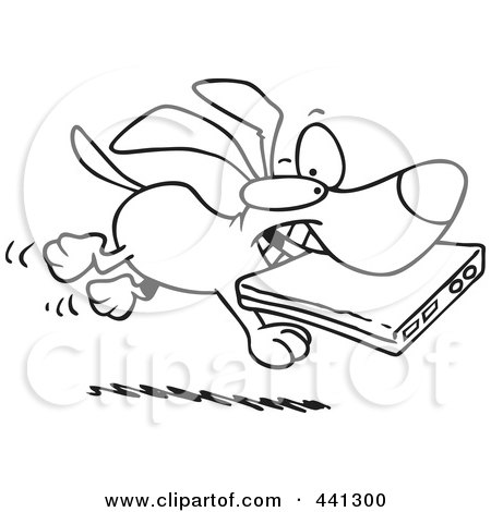 Royalty-Free (RF) Clip Art Illustration of a Cartoon Black And White Outline Design Of A Dog Stealing A Laptop by toonaday