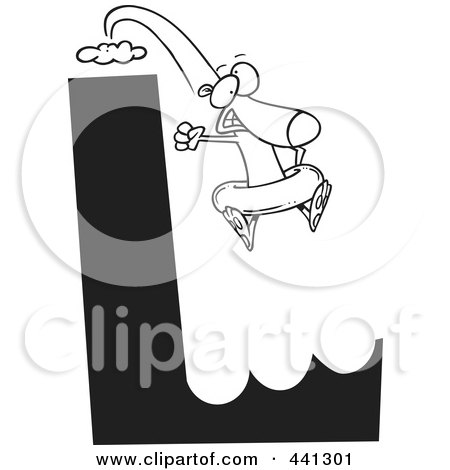 Royalty-Free (RF) Clip Art Illustration of a Cartoon Black And White Outline Design Of A Dog Leaping Off Of An L Cliff With An Inner Tube by toonaday