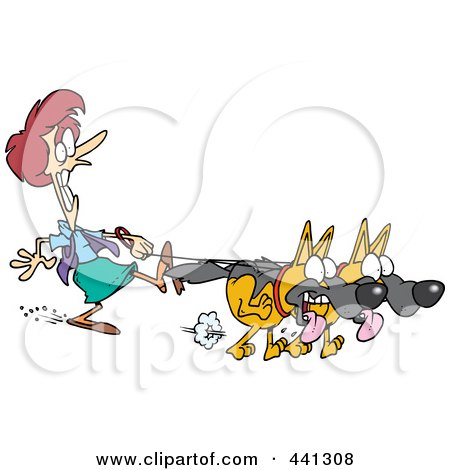 Royalty-Free (RF) Clip Art Illustration of Cartoon Two Big German Shepherds Pulling A Dog Walker On A Leash by toonaday