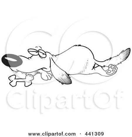 Royalty-Free (RF) Clip Art Illustration of a Cartoon Black And White Outline Design Of A Lab Dog Resting By His Bone by toonaday