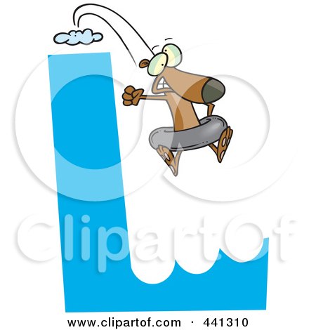 Royalty-Free (RF) Clip Art Illustration of a Cartoon Dog Leaping Off Of An L Cliff With An Inner Tube by toonaday