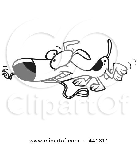 Royalty-Free (RF) Clip Art Illustration of a Cartoon Black And White Outline Design Of A Happy Dog Carrying A Leash by toonaday