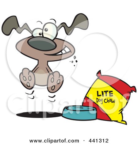 Royalty-Free (RF) Clip Art Illustration of a Cartoon Hungry Dog By A Bag Of Diet Food by toonaday