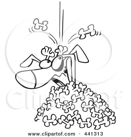 Royalty-Free (RF) Clip Art Illustration of a Cartoon Black And White Outline Design Of A Dog Being Buried In A Bone Landslide by toonaday