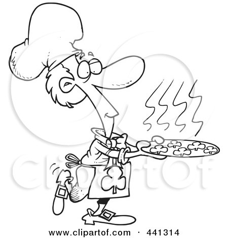 Royalty-Free (RF) Clip Art Illustration of a Cartoon Black And White Outline Design Of A Chef Leprechaun Serving Shamrock Cookies by toonaday
