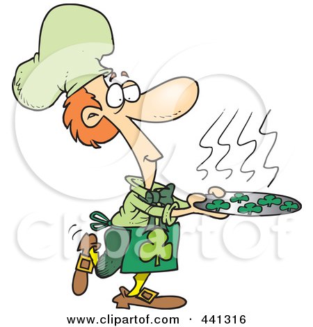 Royalty-Free (RF) Clip Art Illustration of a Cartoon Chef Leprechaun Serving Shamrock Cookies by toonaday