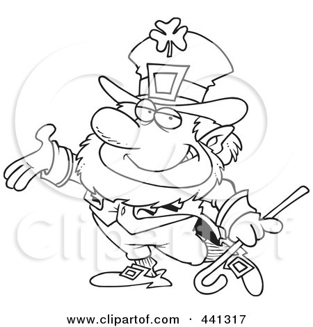 Royalty-Free (RF) Clip Art Illustration of a Cartoon Black And White Outline Design Of A Presenting Leprechaun by toonaday