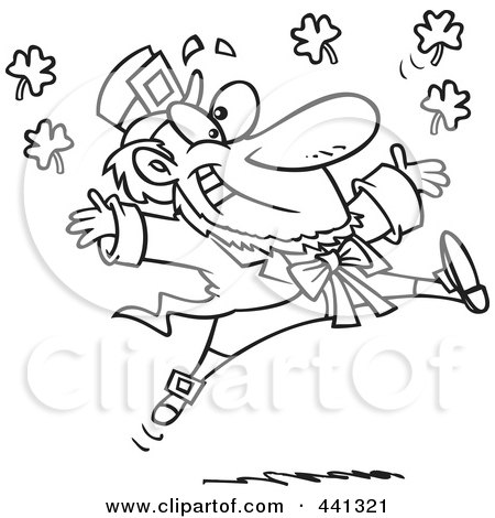 Royalty-Free (RF) Clip Art Illustration of a Cartoon Black And White Outline Design Of A Leaping Leprechaun by toonaday