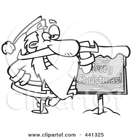 Royalty-Free (RF) Clip Art Illustration of a Cartoon Black And White Outline Design Of Santa Leaning Against A Merry Christmas Sign by toonaday