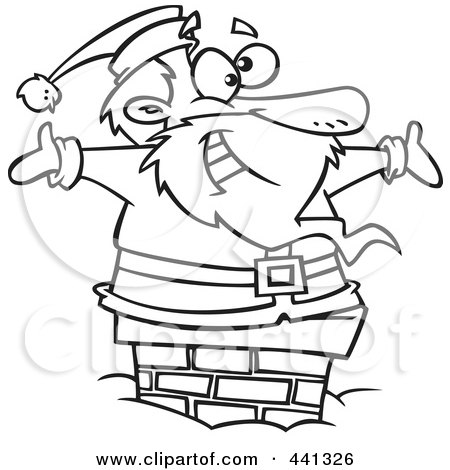 Royalty-Free (RF) Clip Art Illustration of a Cartoon Black And White Outline Design Of Santa Smiling In A Chimney by toonaday