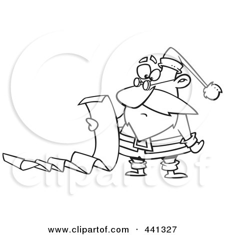 Royalty-Free (RF) Clip Art Illustration of a Cartoon Black And White Outline Design Of Santa Reading A Long List by toonaday