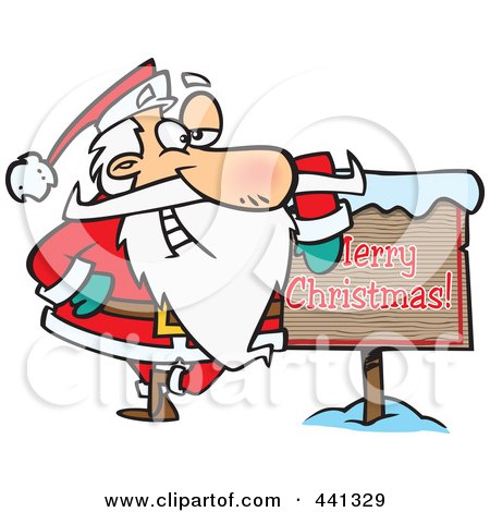 Royalty-Free (RF) Clip Art Illustration of a Cartoon Santa Leaning Against A Merry Christmas Sign by toonaday