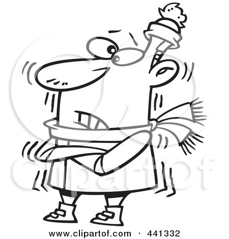 Royalty-Free (RF) Clip Art Illustration of a Cartoon Black And White Outline Design Of A Cold Man Shivering by toonaday