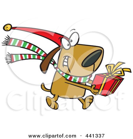Royalty-Free (RF) Clip Art Illustration of a Cartoon Christmas Dog Carrying A Present by toonaday