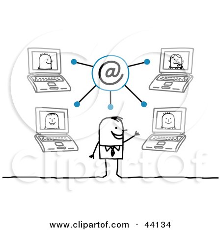 Clipart Illustration of a Happy Stick Businessman Communicating With Colleagues On Networked Laptops by NL shop