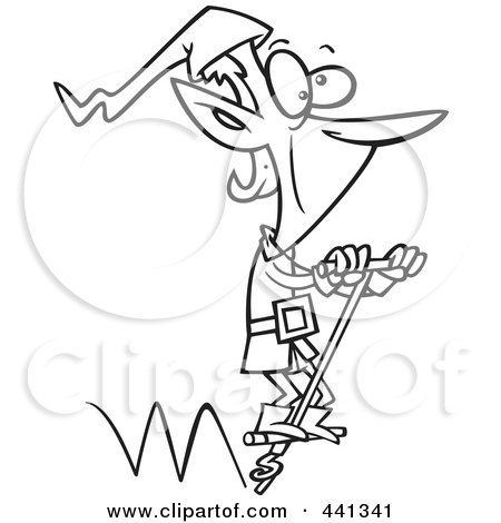 Royalty-Free (RF) Clip Art Illustration of a Cartoon Black And White Outline Design Of A Christmas Elf Hopping On A Pogo Stick by toonaday