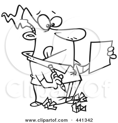 Royalty-Free (RF) Clip Art Illustration of a Cartoon Black And White Outline Design Of A Man Trying To Edit His Writing by toonaday