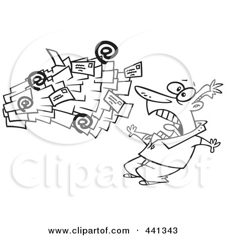 Royalty-Free (RF) Clip Art Illustration of a Cartoon Black And White Outline Design Of Spam Mail Shooting Towards A Man by toonaday