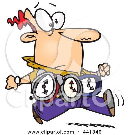 Royalty-Free (RF) Clip Art Illustration of a Cartoon Timely Man Wearing Three Clocks by toonaday