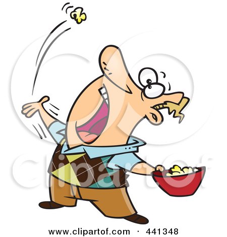 Royalty-Free (RF) Clip Art Illustration of a Cartoon Man Skillfully Tossing Popcorn Into His Mouth by toonaday