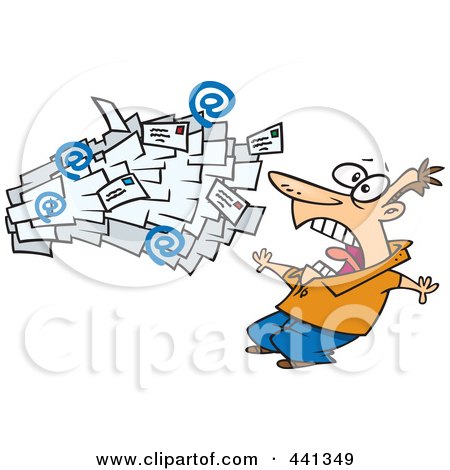 Royalty-Free (RF) Clip Art Illustration of Cartoon Spam Mail Shooting Towards A Man by toonaday