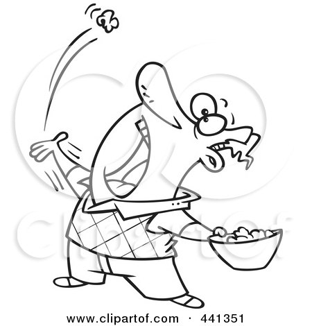Royalty-Free (RF) Clip Art Illustration of a Cartoon Black And White Outline Design Of A Man Skillfully Tossing Popcorn Into His Mouth by toonaday