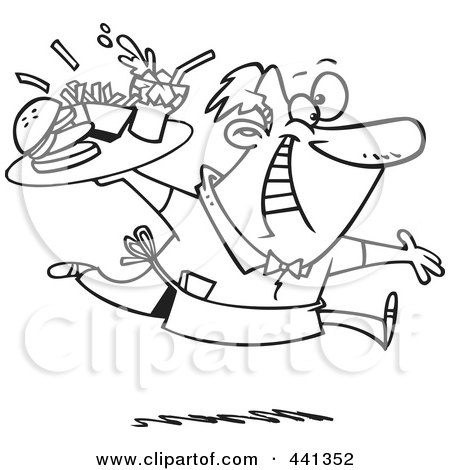 Royalty-Free (RF) Clip Art Illustration of a Cartoon Black And White Outline Design Of An Energetic Waiter Serving Fast Food by toonaday