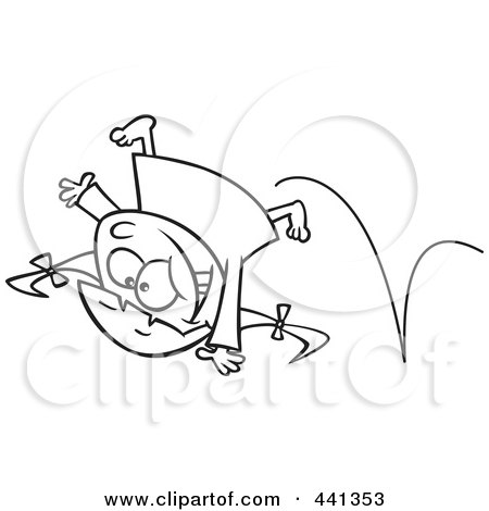 Royalty-Free (RF) Clip Art Illustration of a Cartoon Black And White Outline Design Of An Energetic Girl Doing A Cartwheel by toonaday