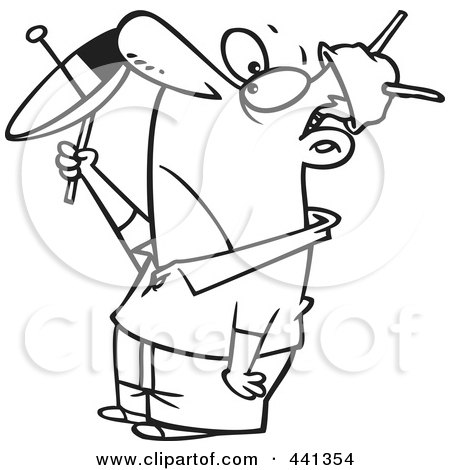 Royalty-Free (RF) Clip Art Illustration of a Cartoon Black And White Outline Design Of A Man Wearing Tin Foil And Trying To Communicate With Aliens by toonaday