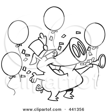 Royalty-Free (RF) Clip Art Illustration of a Cartoon Black And White Outline Design Of A Celebrating New Year Pig by toonaday