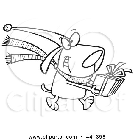 Royalty-Free (RF) Clip Art Illustration of a Cartoon Black And White Outline Design Of A Christmas Dog Carrying A Present by toonaday