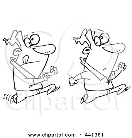 Royalty-Free (RF) Clip Art Illustration of a Cartoon Black And White Outline Design Of A Man Trying To Catch Up With Himself by toonaday