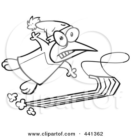 Royalty-Free (RF) Clip Art Illustration of a Cartoon Black And White Outline Design Of A Sledding Penguin by toonaday