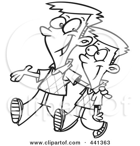 Royalty-Free (RF) Clip Art Illustration of a Cartoon Black And White Outline Design Of A Big Brother Walking With His Little Brother by toonaday