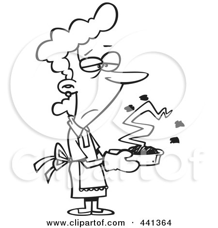 Royalty-Free (RF) Clip Art Illustration of a Cartoon Black And White Outline Design Of A Grumpy Woman Holding A Burnt Cake by toonaday