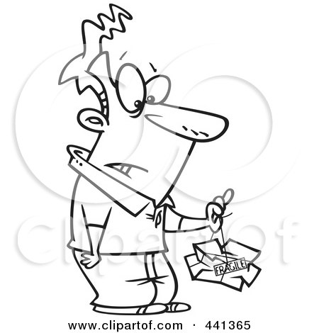 Royalty-Free (RF) Clip Art Illustration of a Cartoon Black And White Outline Design Of A Man Lifting A Crushed Fragile Parcel by toonaday