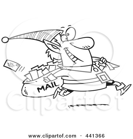 Royalty-Free (RF) Clip Art Illustration of a Cartoon Black And White Outline Design Of A Christmas Elf Delivering Santa Mail by toonaday
